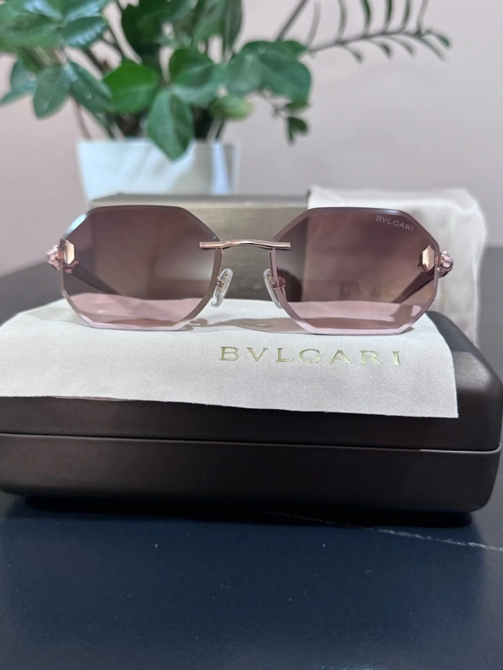 Bulgari Rose-Tint Octagonal Rimless Sunglasses - Picture 7 of 16